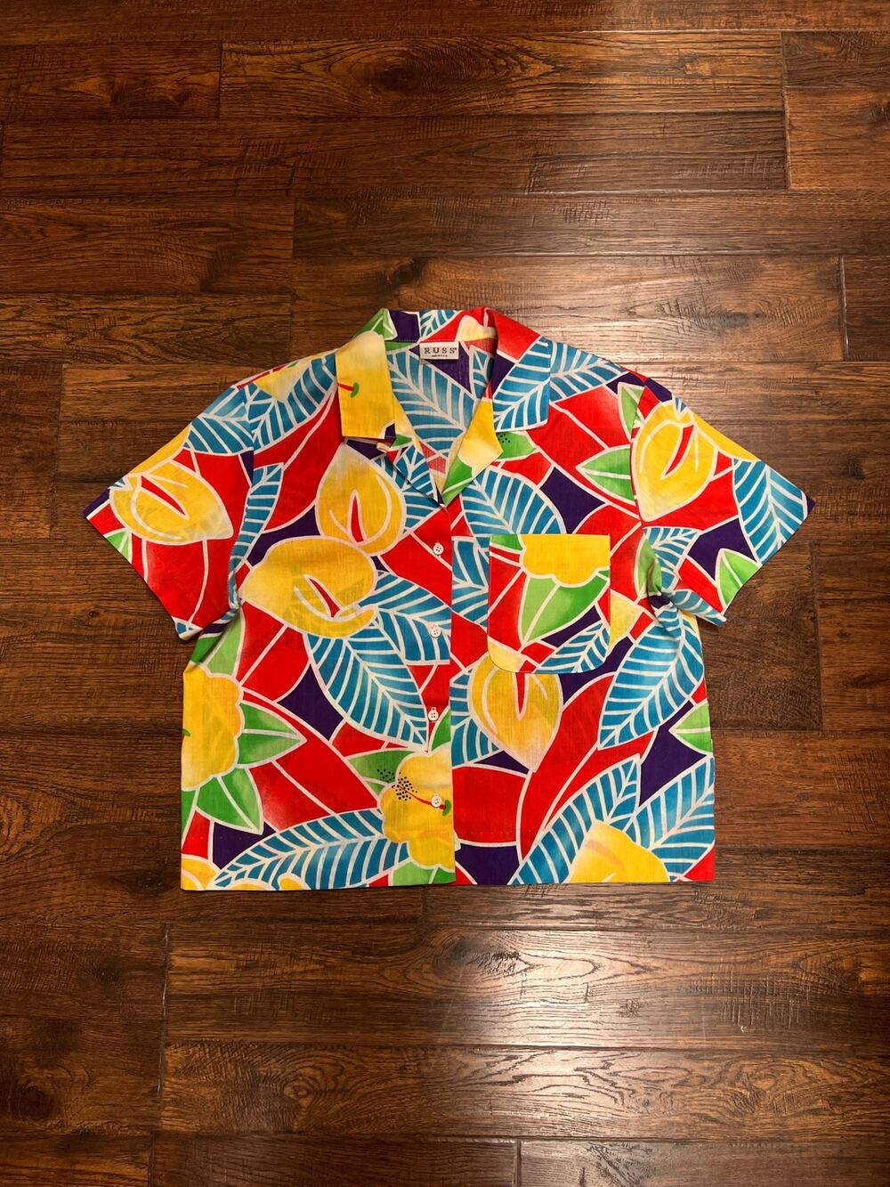 Vintage Russ Cotton Hawaiian Shirt - Tropical Floral Camp Shirt USA Made - Large